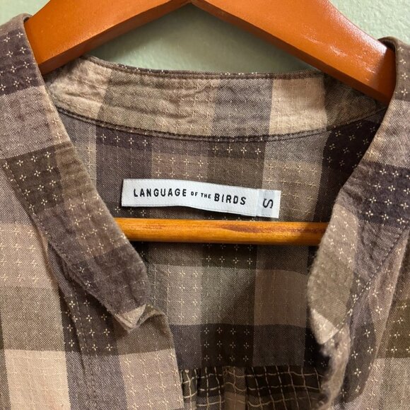 Language of the Birds Women Linen Top Size S Brown Plaid Stitched Lagenlook Boho - Picture 4 of 12